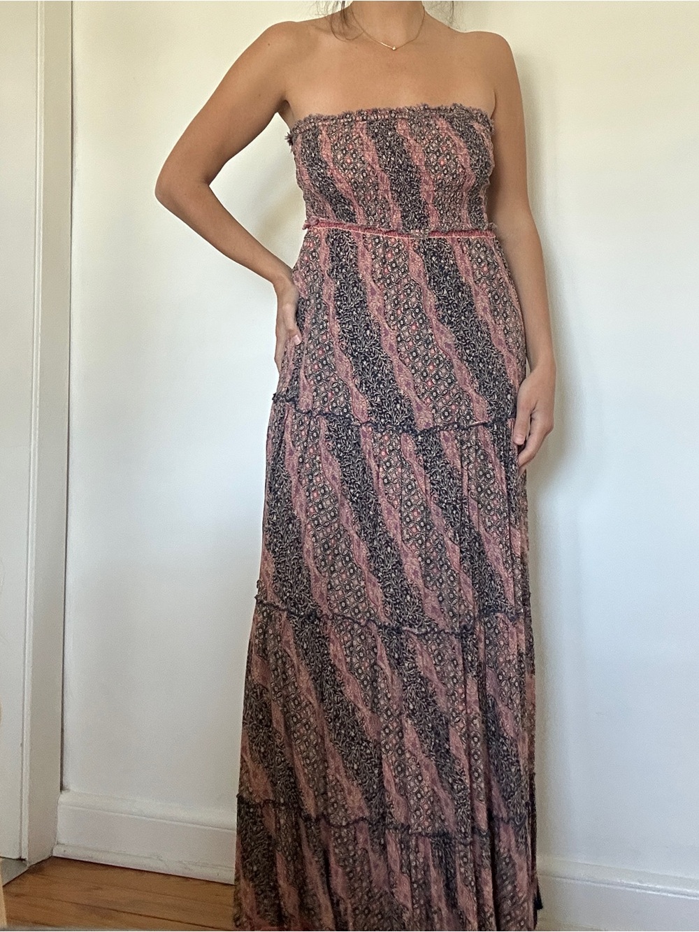 Free People Navy and Pink Strapless Maxi Dress